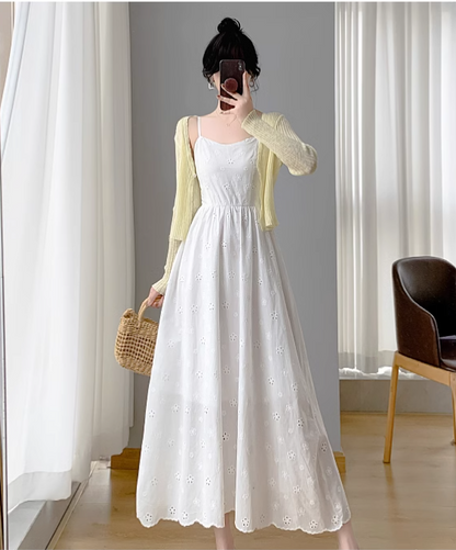 New Simple Elegant Cake Lace Design Cardigan Spaghetti Strap Dress TP3062