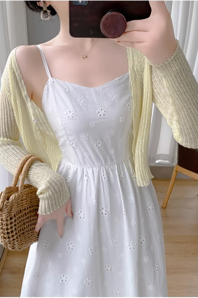 New Simple Elegant Cake Lace Design Cardigan Spaghetti Strap Dress TP3062