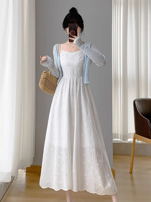 New Simple Elegant Cake Lace Design Cardigan Spaghetti Strap Dress TP3062