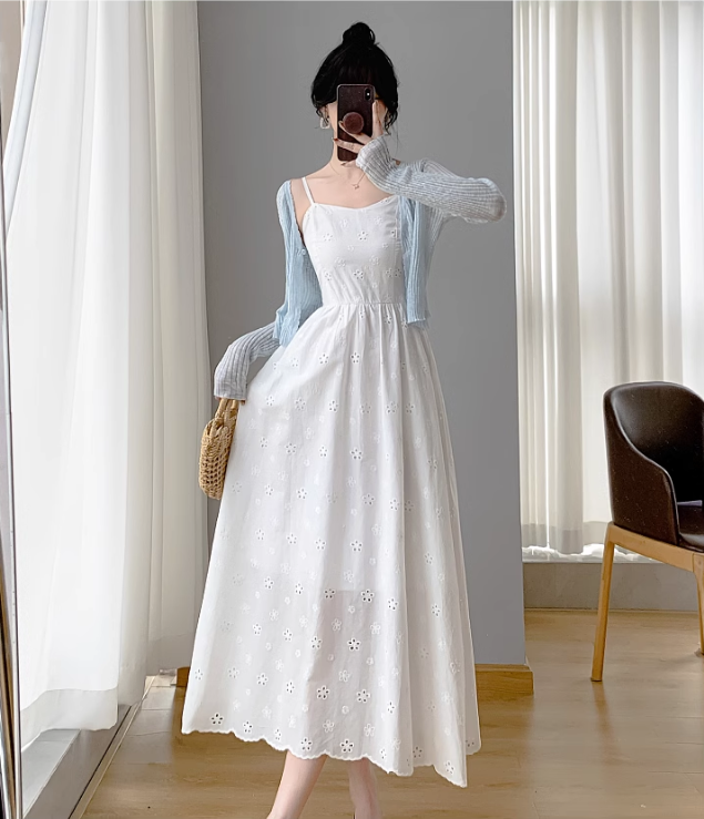 New Simple Elegant Cake Lace Design Cardigan Spaghetti Strap Dress TP3062