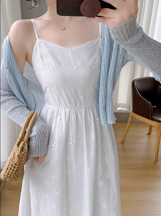 New Simple Elegant Cake Lace Design Cardigan Spaghetti Strap Dress TP3062