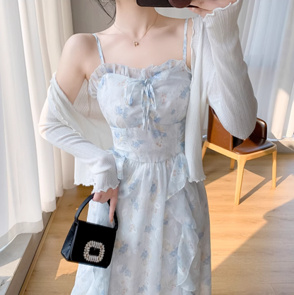 New Simple Elegant Cake Lace Design Cardigan Spaghetti Strap Dress TP3063