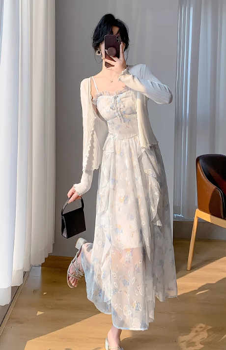 New Simple Elegant Cake Lace Design Cardigan Spaghetti Strap Dress TP3063