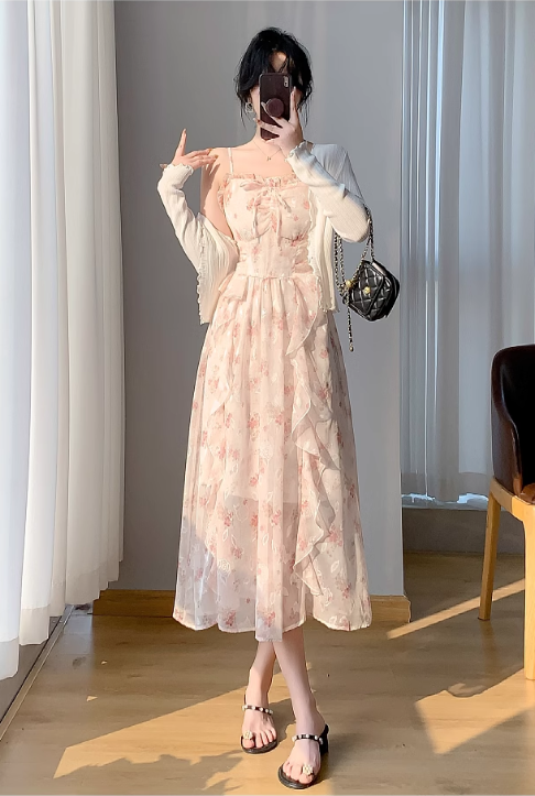 New Simple Elegant Cake Lace Design Cardigan Spaghetti Strap Dress TP3063