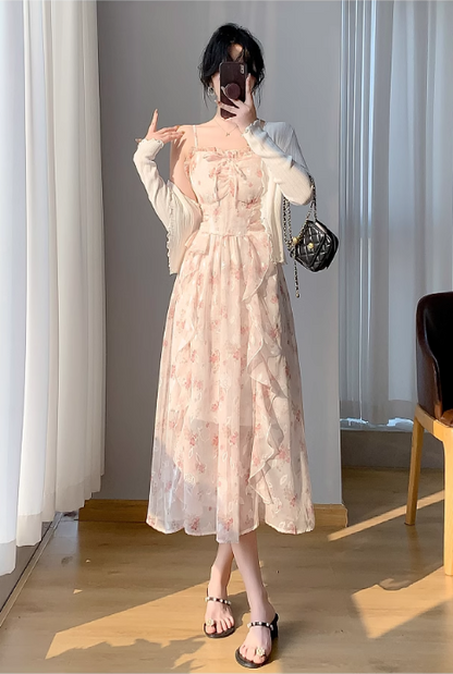 New Simple Elegant Cake Lace Design Cardigan Spaghetti Strap Dress TP3063