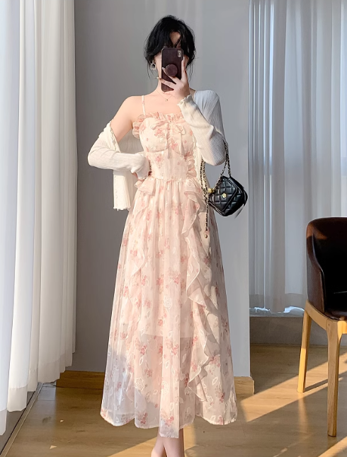 New Simple Elegant Cake Lace Design Cardigan Spaghetti Strap Dress TP3063