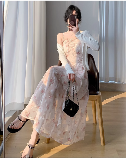 New Simple Elegant Cake Lace Design Cardigan Spaghetti Strap Dress TP3063
