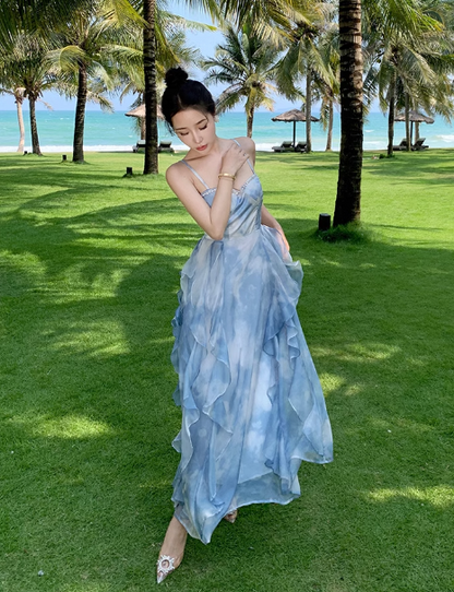 Simple Elegant Blue Floral Design Beach Holiday Spaghetti Strap Dress TP3065