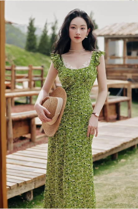 Vintage Simple Elegant Green Floral Design Beach Holiday Women Long  Dress TP3066