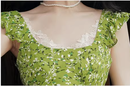 Vintage Simple Elegant Green Floral Design Beach Holiday Women Long  Dress TP3066