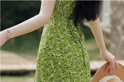 Vintage Simple Elegant Green Floral Design Beach Holiday Women Long  Dress TP3066