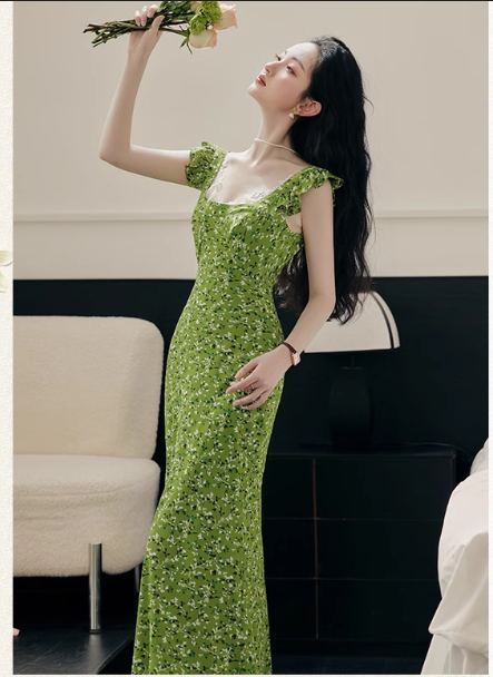 Vintage Simple Elegant Green Floral Design Beach Holiday Women Long  Dress TP3066