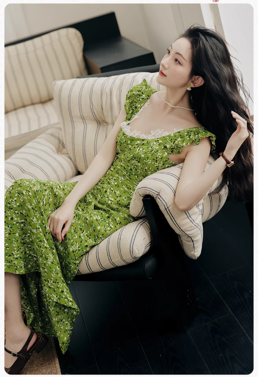 Vintage Simple Elegant Green Floral Design Beach Holiday Women Long  Dress TP3066