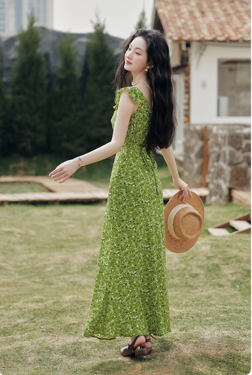 Vintage Simple Elegant Green Floral Design Beach Holiday Women Long  Dress TP3066