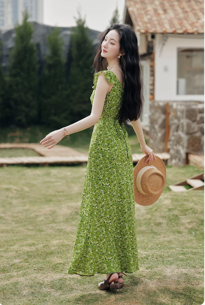 Vintage Simple Elegant Green Floral Design Beach Holiday Women Long  Dress TP3066