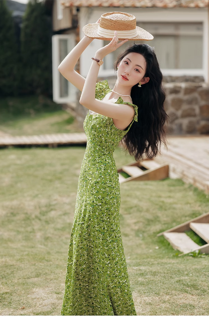 Vintage Simple Elegant Green Floral Design Beach Holiday Women Long  Dress TP3066