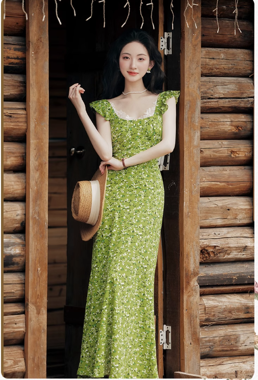 Vintage Simple Elegant Green Floral Design Beach Holiday Women Long  Dress TP3066