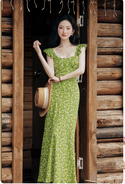 Vintage Simple Elegant Green Floral Design Beach Holiday Women Long  Dress TP3066