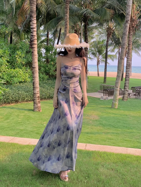 New Simple Elegant Floral Design Beach Holiday Spaghetti Strap Dress TP3068
