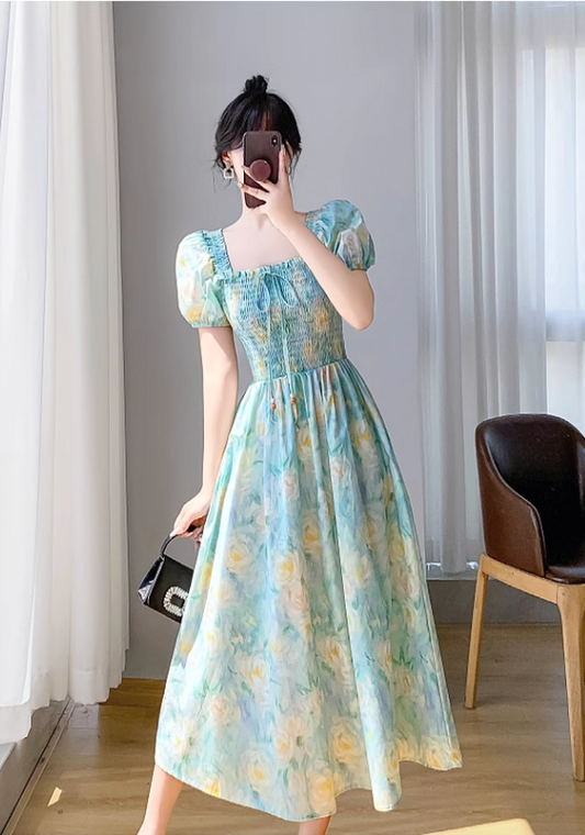 Simple Elegant Floral Design Short Sleeves Halter Dress TP3071