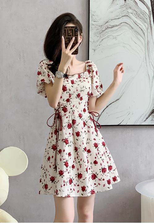 New Simple Elegant Red Floral Design Short Sleeves Women Midi Dress TP3072