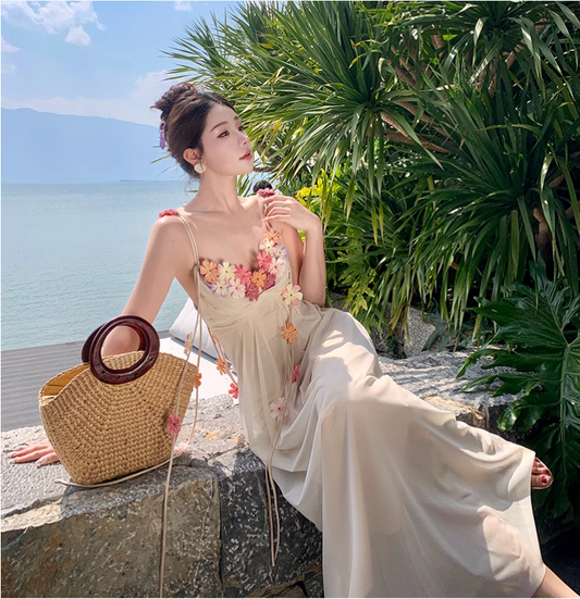 Simple Fashion Women Floral Design A-Line Spaghetti Strap Dress TP3079