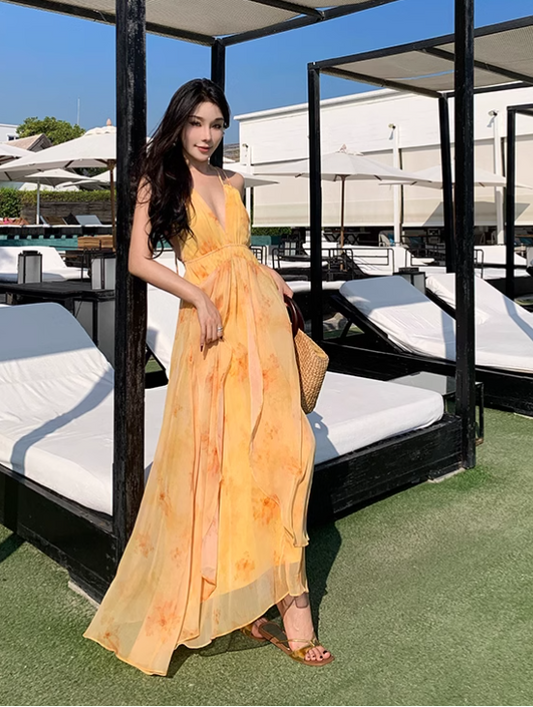 New Fashion Women Yellow Floral Design A-Line Halter Dress TP3080