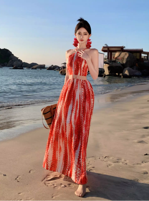 Bohemian Style Women Unique Design Sense Red A-Line Halter Dress TP3081