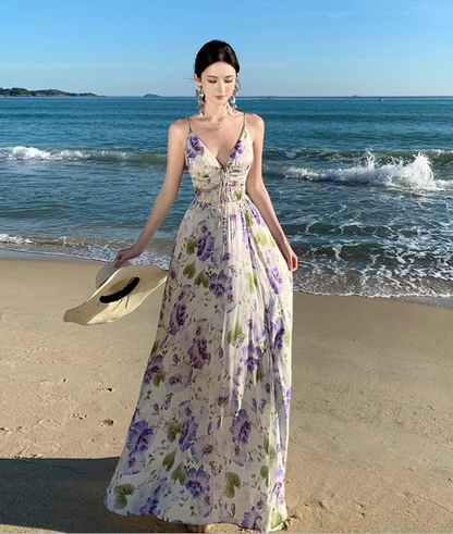 New Style Women Purple Floral Design V-neck A-Line Spaghetti Strap Dress TP3082
