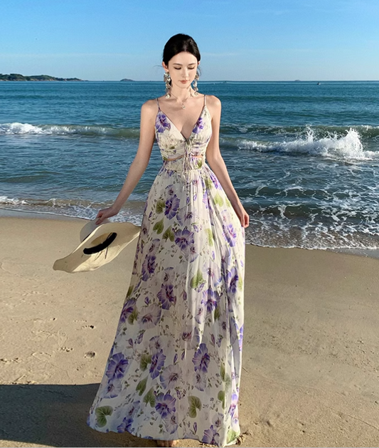 New Style Women Purple Floral Design V-neck A-Line Spaghetti Strap Dress TP3082