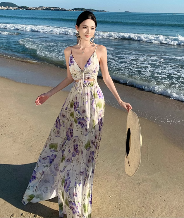New Style Women Purple Floral Design V-neck A-Line Spaghetti Strap Dress TP3082