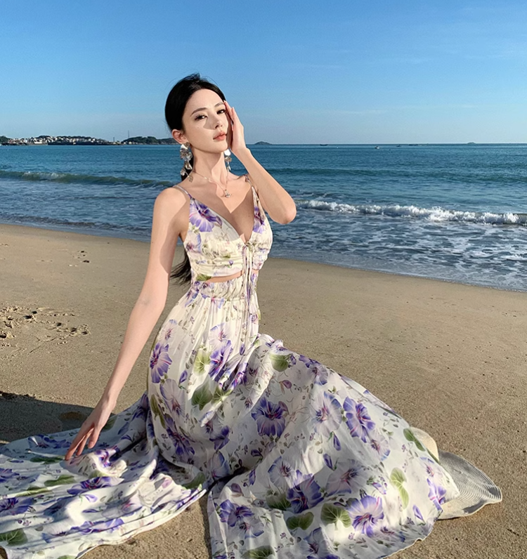 New Style Women Purple Floral Design V-neck A-Line Spaghetti Strap Dress TP3082