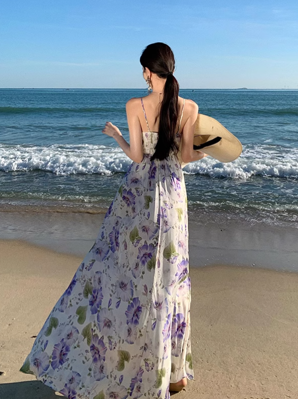 New Style Women Purple Floral Design V-neck A-Line Spaghetti Strap Dress TP3082