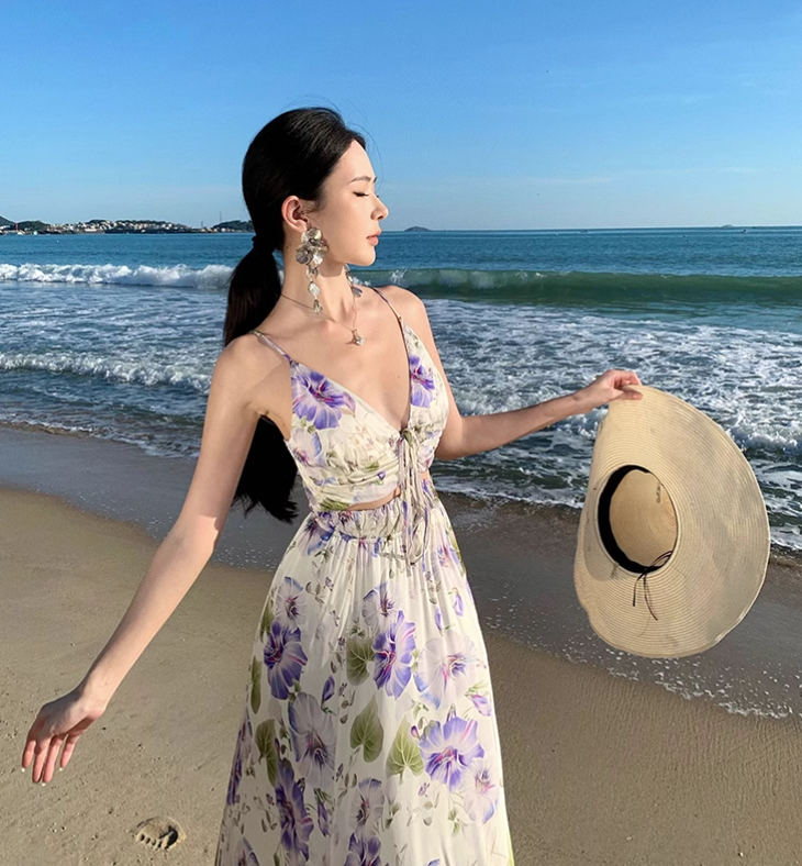 New Style Women Purple Floral Design V-neck A-Line Spaghetti Strap Dress TP3082