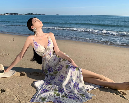 New Style Women Purple Floral Design V-neck A-Line Spaghetti Strap Dress TP3082