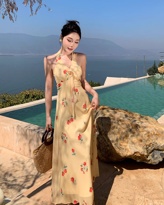 New Fashion Women Yellow Floral Design V-neck A-Line Chiffon Halter Dress TP3083