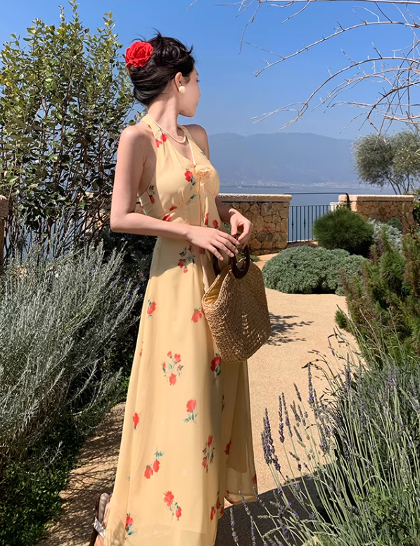 New Fashion Women Yellow Floral Design V-neck A-Line Chiffon Halter Dress TP3083