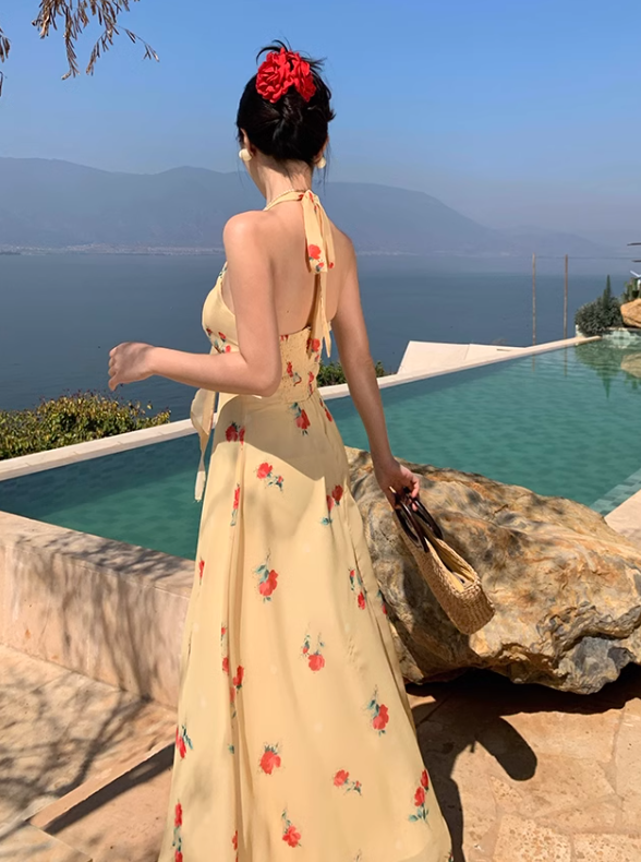 New Fashion Women Yellow Floral Design V-neck A-Line Chiffon Halter Dress TP3083