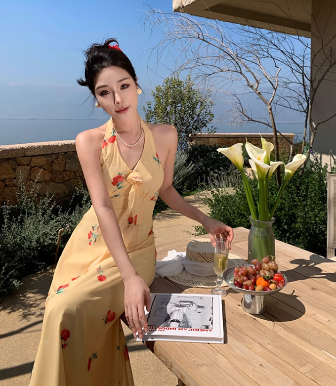 New Fashion Women Yellow Floral Design V-neck A-Line Chiffon Halter Dress TP3083