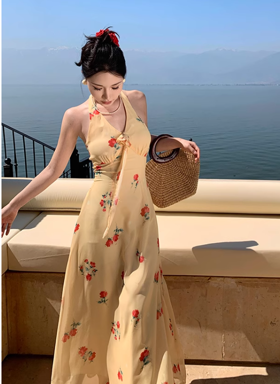 New Fashion Women Yellow Floral Design V-neck A-Line Chiffon Halter Dress TP3083
