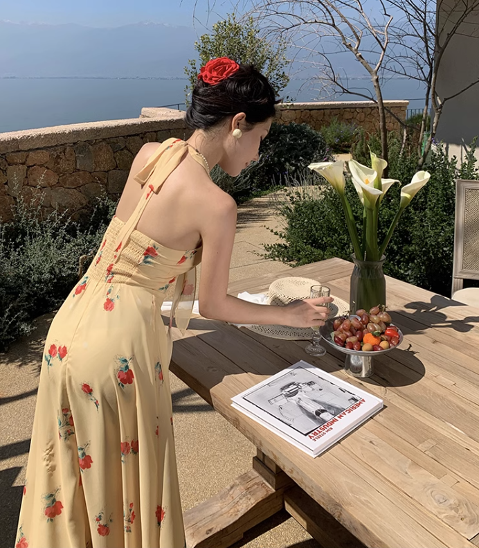 New Fashion Women Yellow Floral Design V-neck A-Line Chiffon Halter Dress TP3083