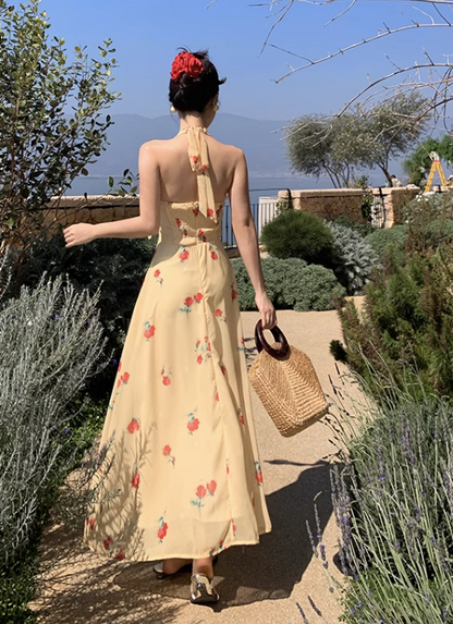 New Fashion Women Yellow Floral Design V-neck A-Line Chiffon Halter Dress TP3083