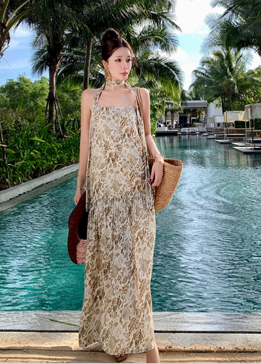 Vintage Fashion Women Floral Design A-Line Beach Holiday Spaghetti Strap Dress TP3084