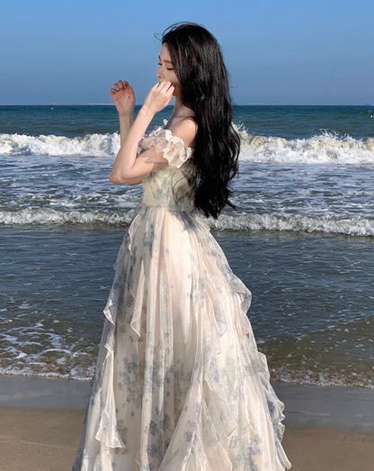 New Fashion Women Floral Falbala Design A-Line Beach Holiday Spaghetti Strap Dress TP3085