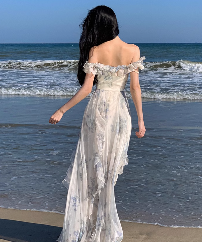 New Fashion Women Floral Falbala Design A-Line Beach Holiday Spaghetti Strap Dress TP3085
