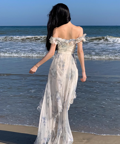 New Fashion Women Floral Falbala Design A-Line Beach Holiday Spaghetti Strap Dress TP3085