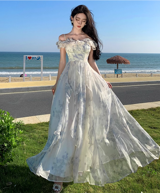 New Fashion Women Floral Falbala Design A-Line Beach Holiday Spaghetti Strap Dress TP3085