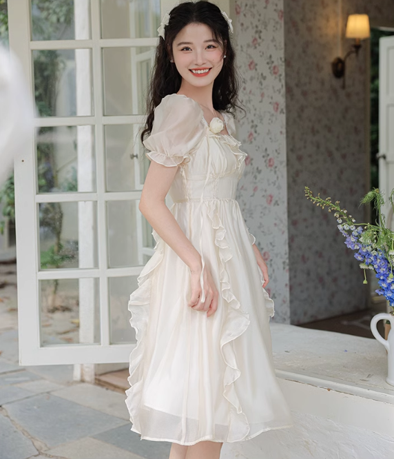 New Fashion Women White Floral Design A-Line Short Sleeves Dress TP3086