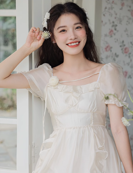New Fashion Women White Floral Design A-Line Short Sleeves Dress TP3086