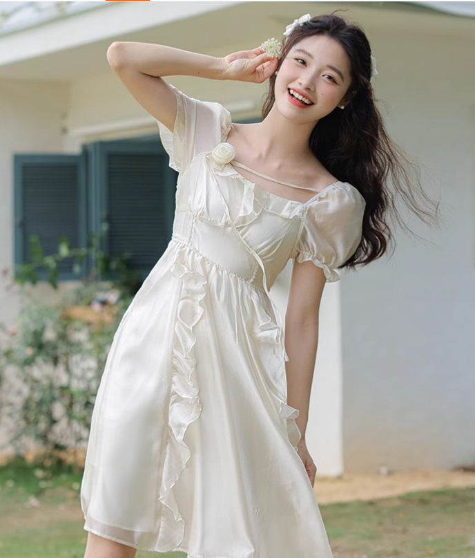 New Fashion Women White Floral Design A-Line Short Sleeves Dress TP3086